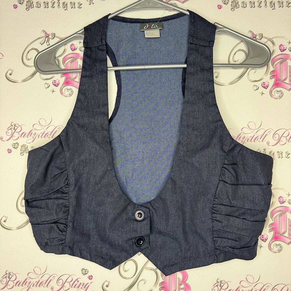 Dots best cardigan denim jean y2k rutched sides navy button up crop tank top